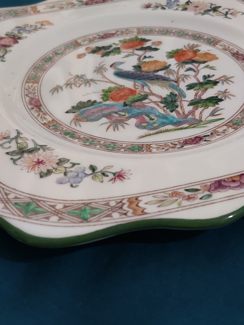 Wedgwood Peacock Floral Square Dinner Plate in White with Multicolor Accents